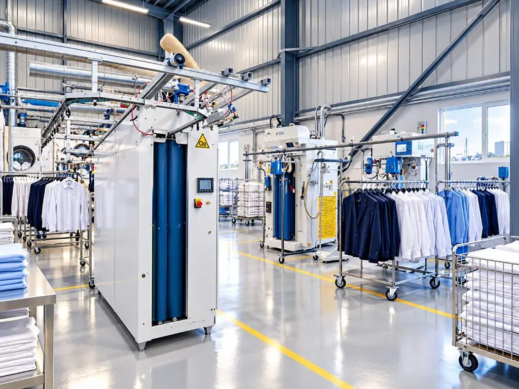 Industrial garment finishing with pressed shirts and uniforms on rolling racks