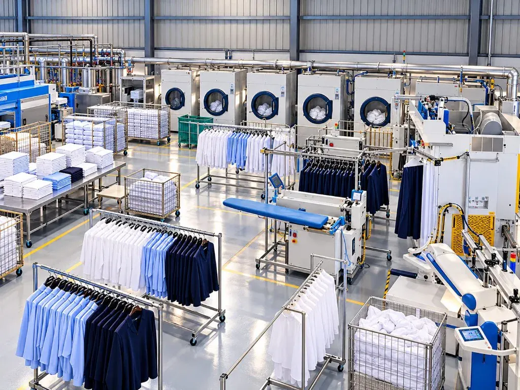 Commercial pressing and finishing line with organized garment racks